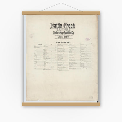 Old map wall art mockup — magnetic wood frame on white wall — Sanborn Fire Insurance Map from Battle Creek, Calhoun County, Michigan (1887), Sheet #0001