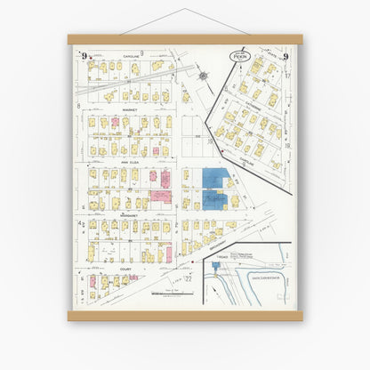 Old map wall art mockup — magnetic wood frame on white wall — Sanborn Fire Insurance Map from Pekin, Tazewell County, Illinois (1925), Sheet #0009