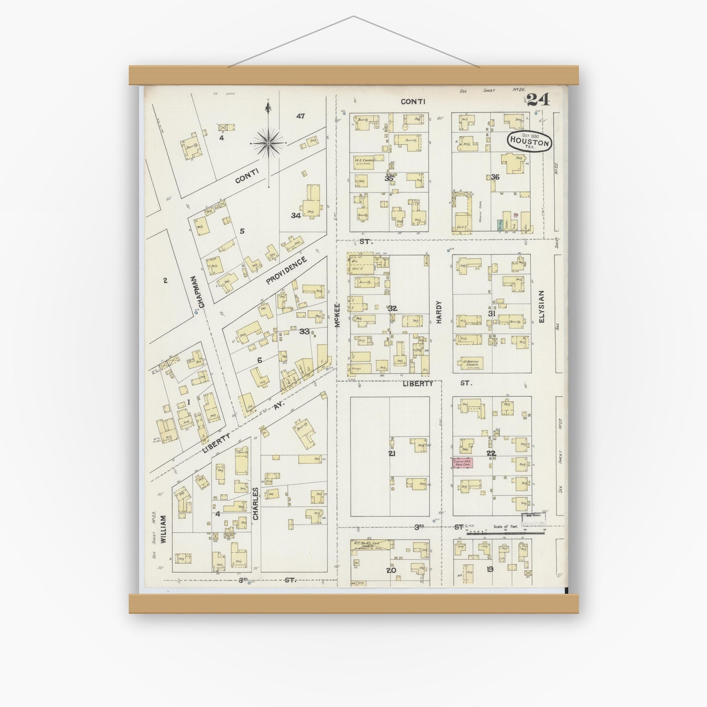 Old map wall art mockup — magnetic wood frame on white wall — Sanborn Fire Insurance Map from Houston, Harris County, Texas (1890), Sheet #0024