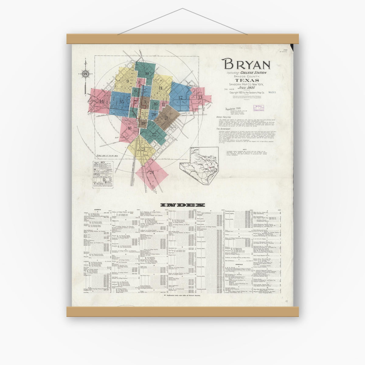 Old map wall art mockup — magnetic wood frame on white wall — Sanborn Fire Insurance Map from Bryan, Brazos County, Texas (1925) - Complete Map Set