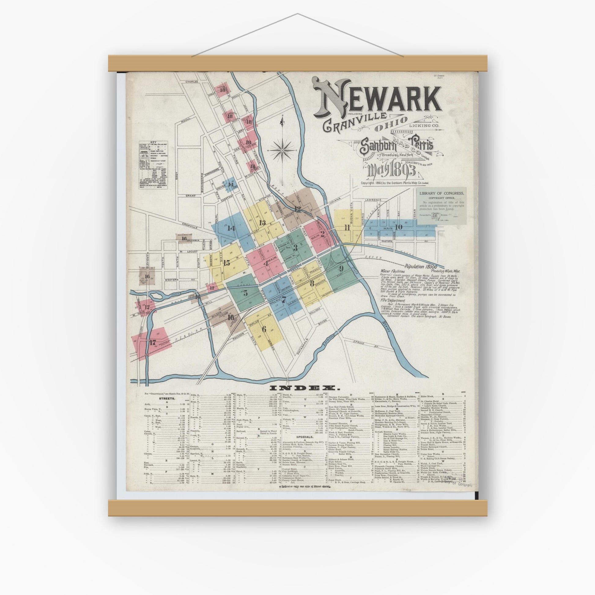 Old map wall art mockup — magnetic wood frame on white wall — Sanborn Fire Insurance Map from Newark, Licking County, Ohio (1893), Sheet #0001