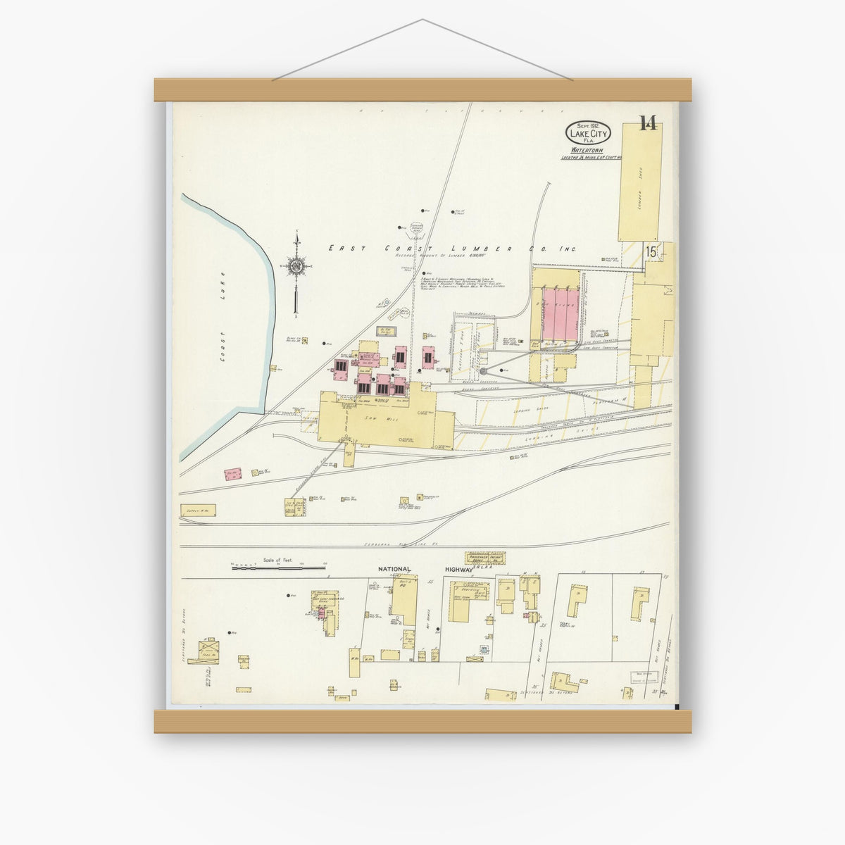 Old map wall art mockup — magnetic wood frame on white wall — Sanborn Fire Insurance Map from Lake City, Columbia County, Florida (1912), Sheet #0014
