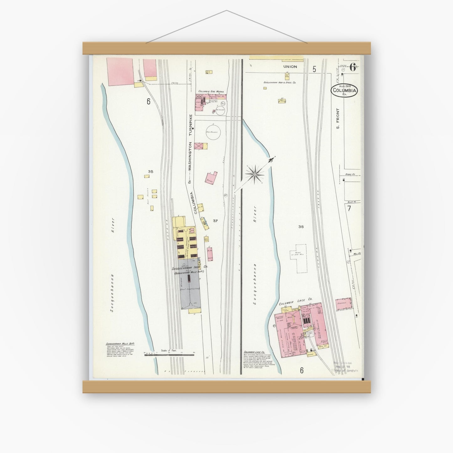 Old map wall art mockup — magnetic wood frame on white wall — Sanborn Fire Insurance Map from Columbia, Lancaster County, Pennsylvania (1909), Sheet #0006