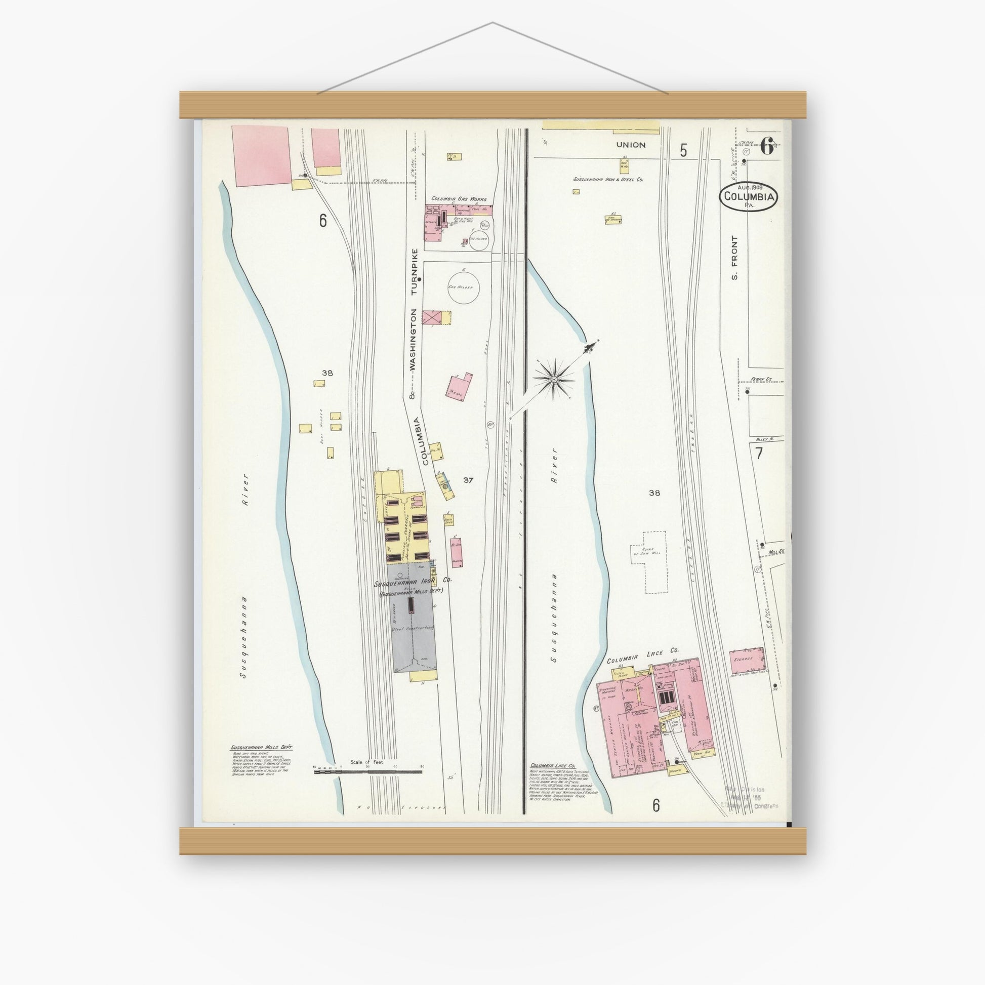 Old map wall art mockup — magnetic wood frame on white wall — Sanborn Fire Insurance Map from Columbia, Lancaster County, Pennsylvania (1909), Sheet #0006