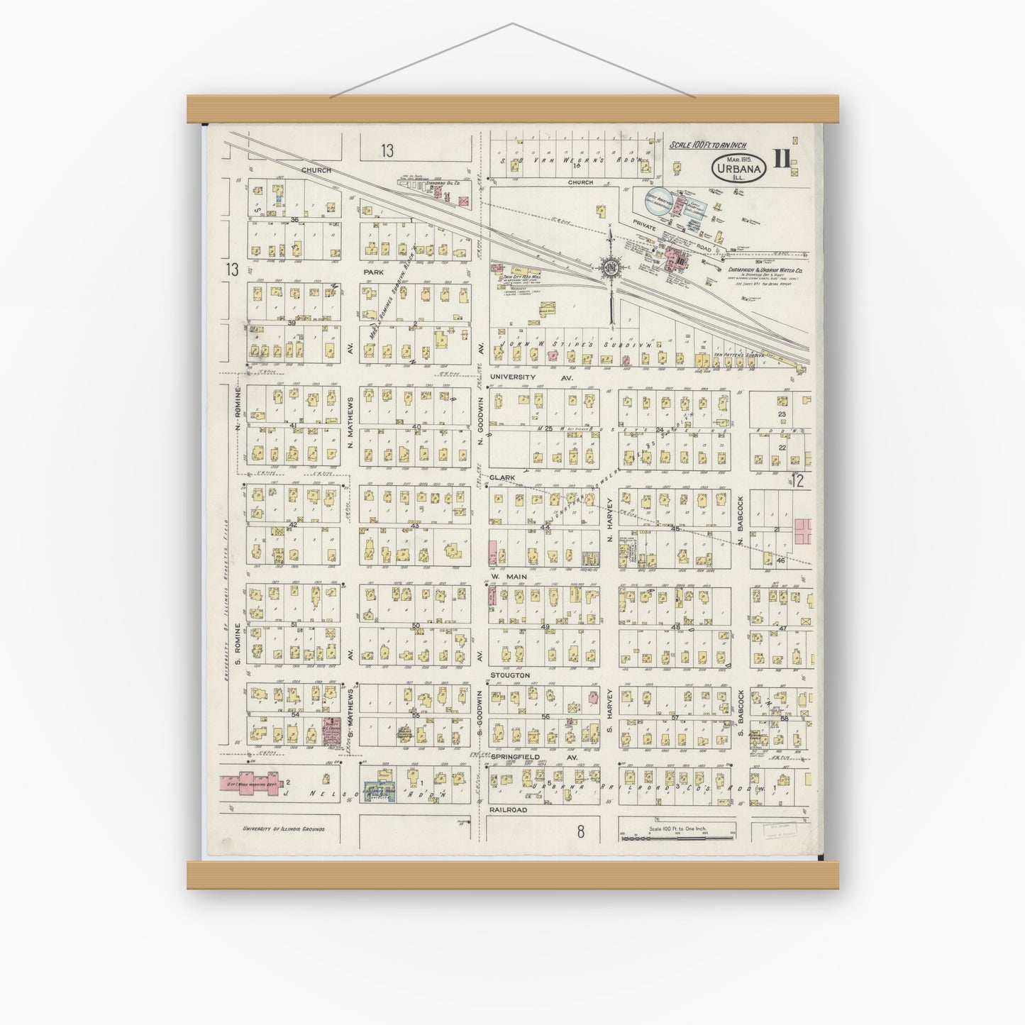 Old map wall art mockup — magnetic wood frame on white wall — Sanborn Fire Insurance Map from Urbana, Champaign County, Illinois (1915), Sheet #0011