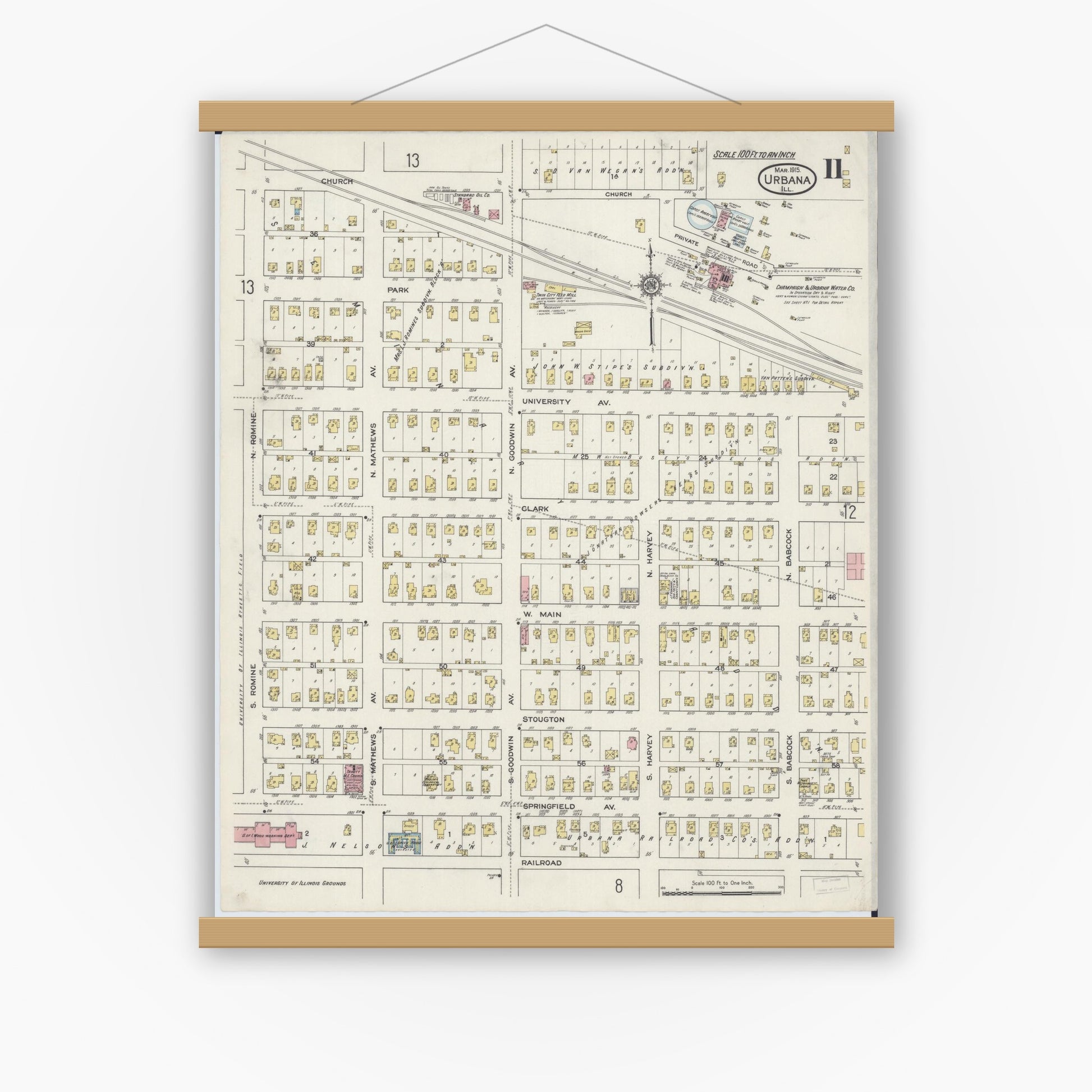 Old map wall art mockup — magnetic wood frame on white wall — Sanborn Fire Insurance Map from Urbana, Champaign County, Illinois (1915), Sheet #0011