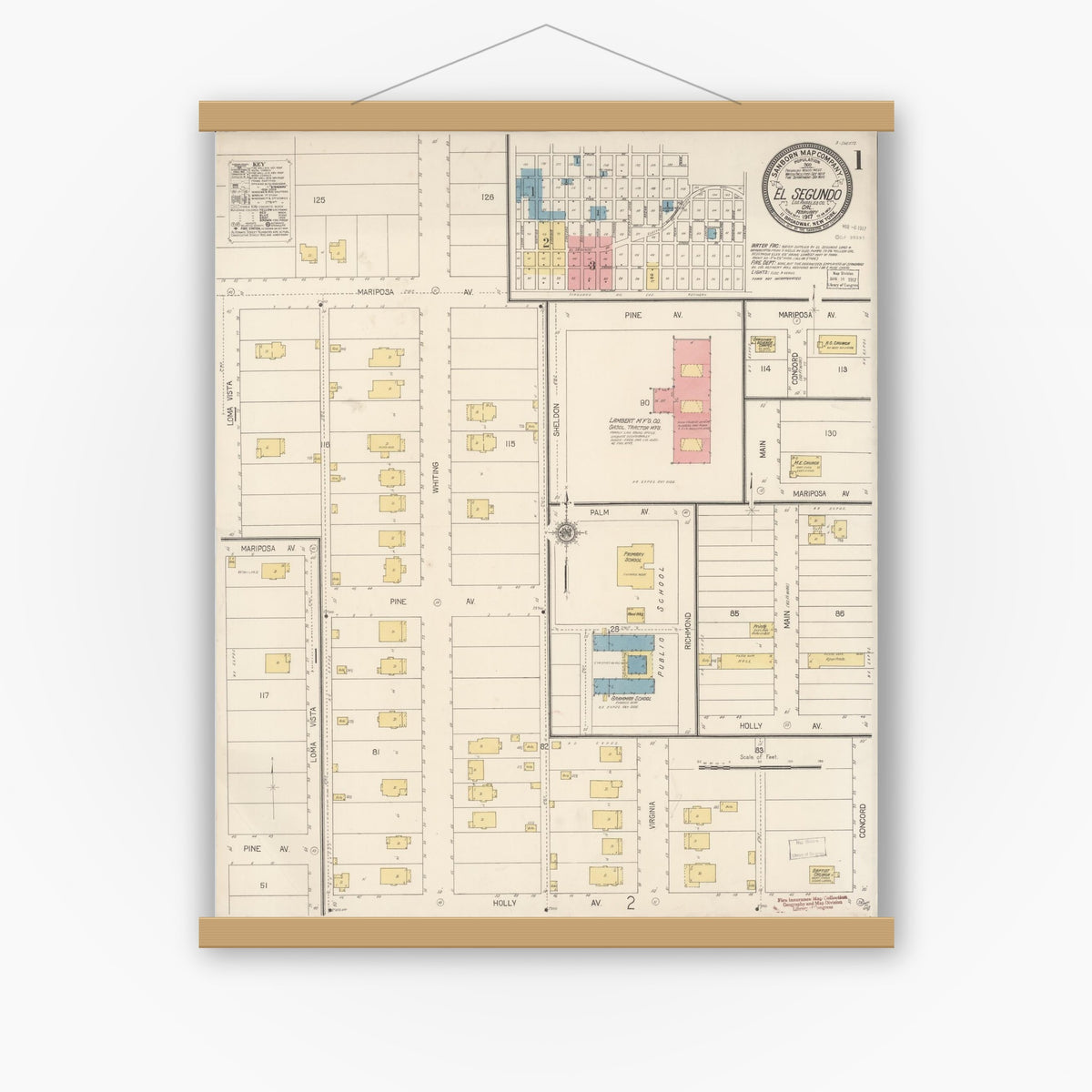Old map wall art mockup — magnetic wood frame on white wall — Sanborn Fire Insurance Map from El Segundo, Los Angeles County, California (1917) - Complete Map Set