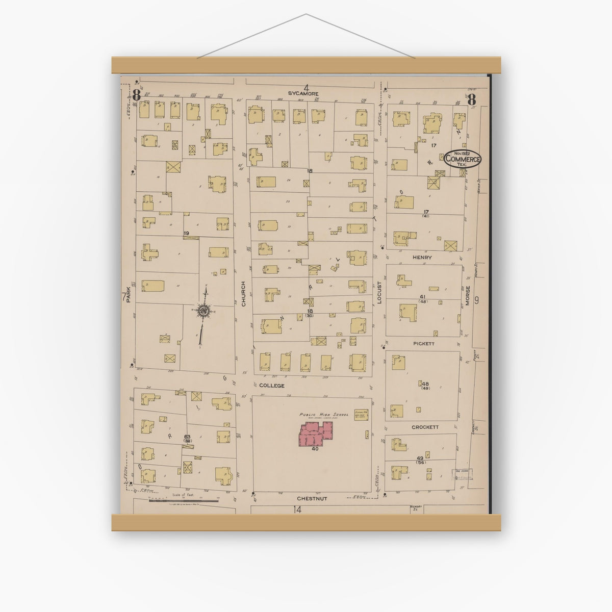 Old map wall art mockup — magnetic wood frame on white wall — Sanborn Fire Insurance Map from Commerce, Hunt County, Texas (1922), Sheet #0008