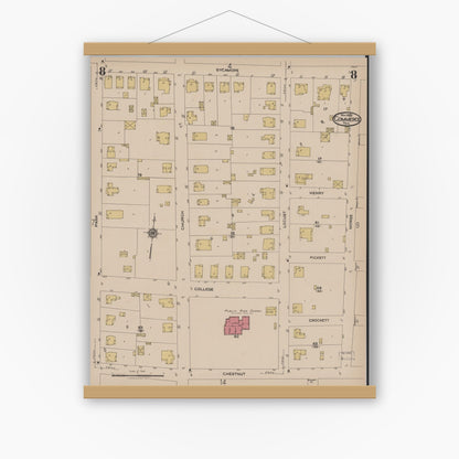 Old map wall art mockup — magnetic wood frame on white wall — Sanborn Fire Insurance Map from Commerce, Hunt County, Texas (1922), Sheet #0008