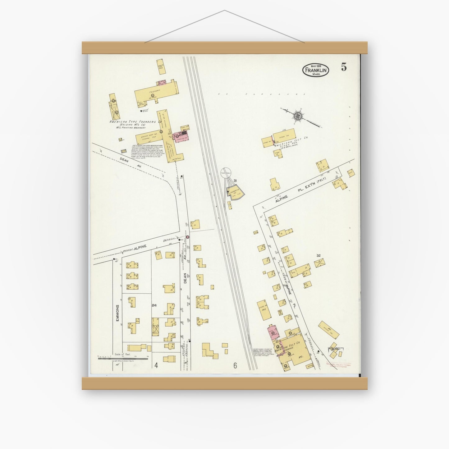 Old map wall art mockup — magnetic wood frame on white wall — Sanborn Fire Insurance Map from Franklin, Norfolk County, Massachusetts (1919), Sheet #0005
