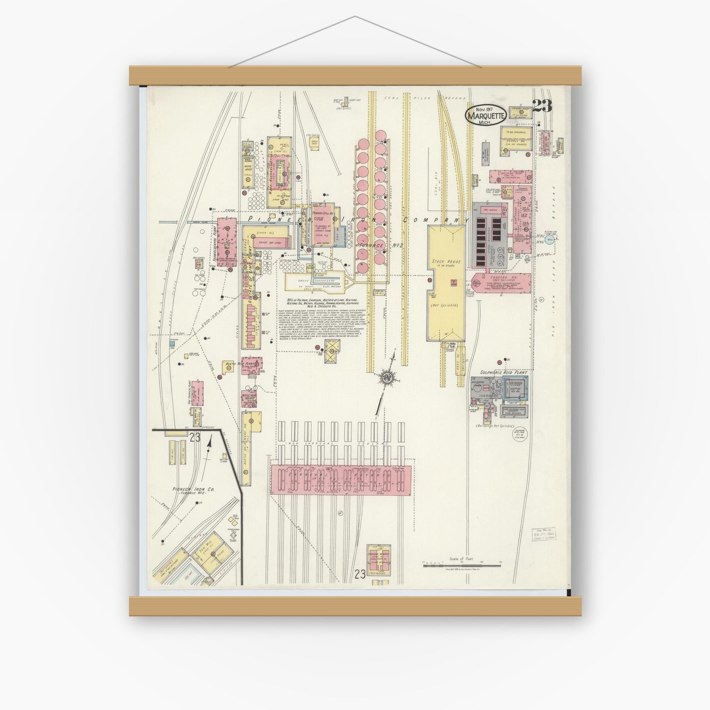 Old map wall art mockup — magnetic wood frame on white wall — Sanborn Fire Insurance Map from Marquette, Marquette County, Michigan (1917), Sheet #0023