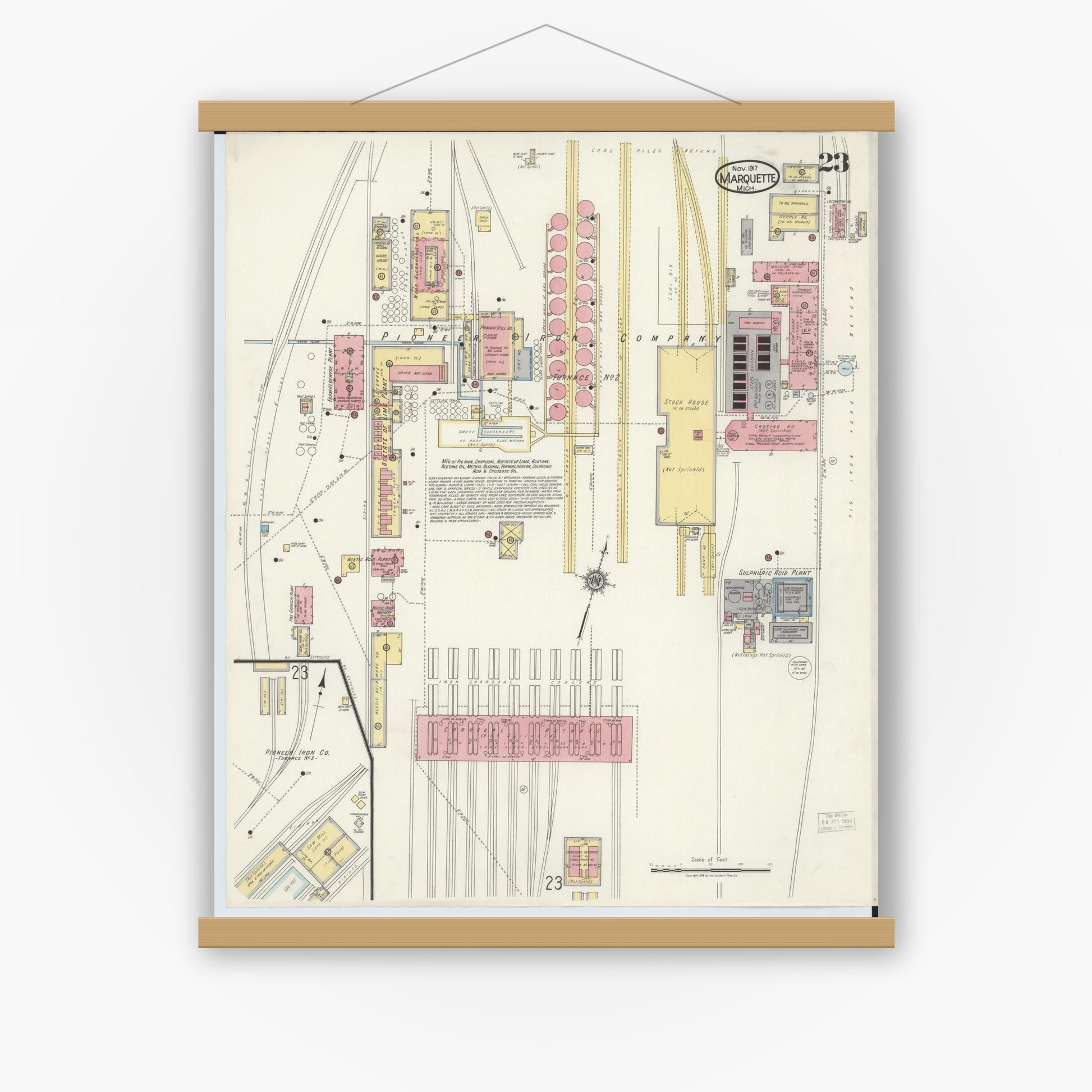Old map wall art mockup — magnetic wood frame on white wall — Sanborn Fire Insurance Map from Marquette, Marquette County, Michigan (1917), Sheet #0023