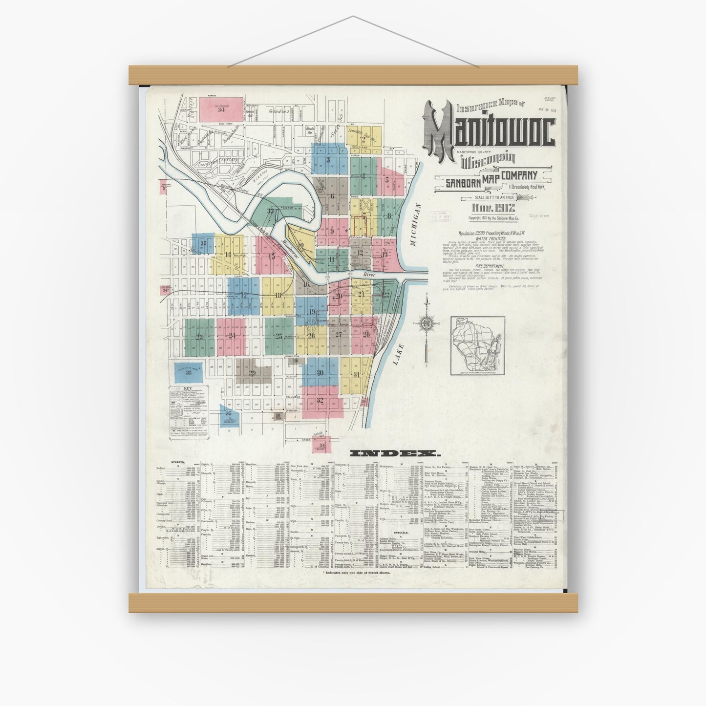 Old map wall art mockup — magnetic wood frame on white wall — Sanborn Fire Insurance Map from Manitowoc, Manitowoc County, Wisconsin (1912) - Complete Map Set