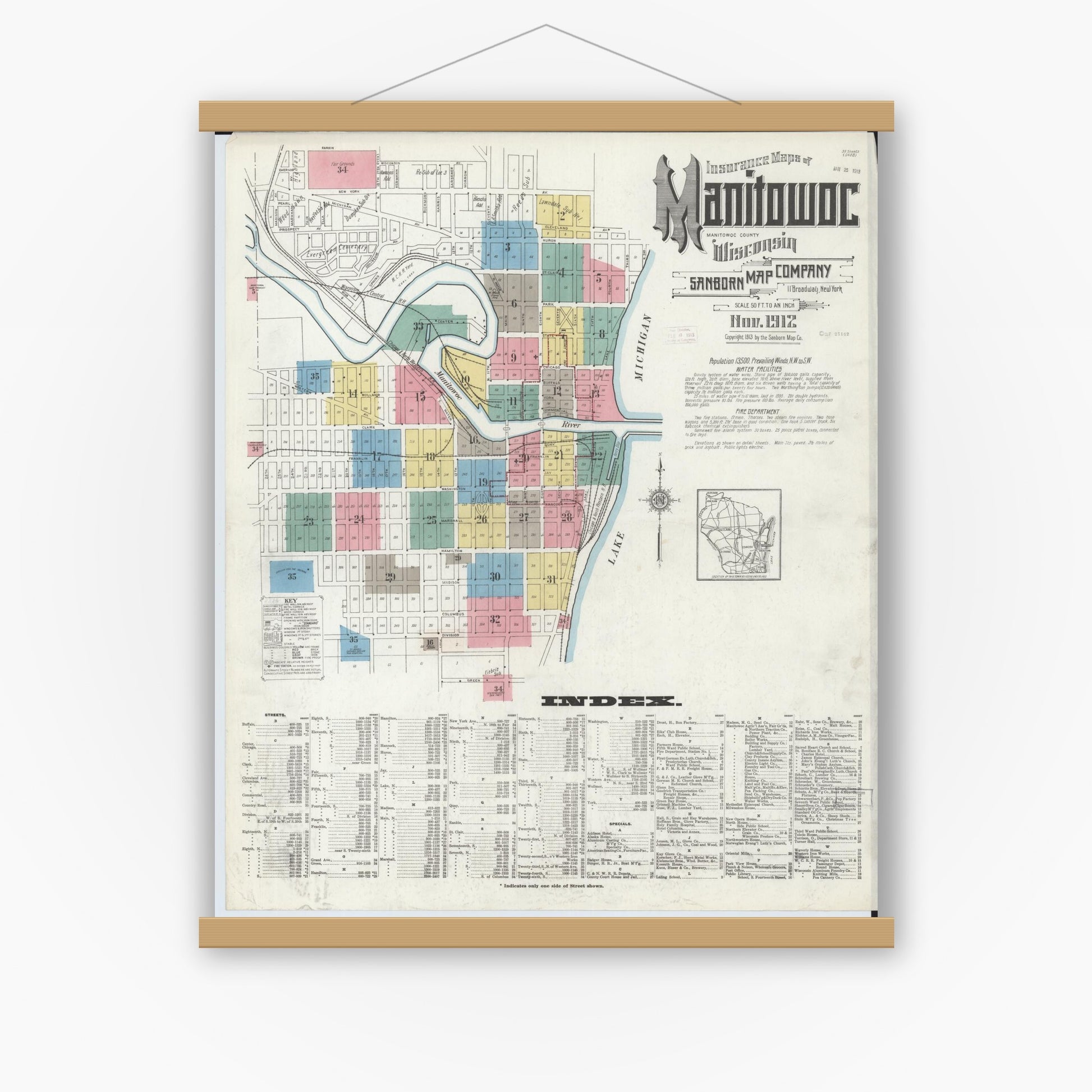 Old map wall art mockup — magnetic wood frame on white wall — Sanborn Fire Insurance Map from Manitowoc, Manitowoc County, Wisconsin (1912) - Complete Map Set