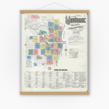 Old map wall art mockup — magnetic wood frame on white wall — Sanborn Fire Insurance Map from Manitowoc, Manitowoc County, Wisconsin (1912) - Complete Map Set