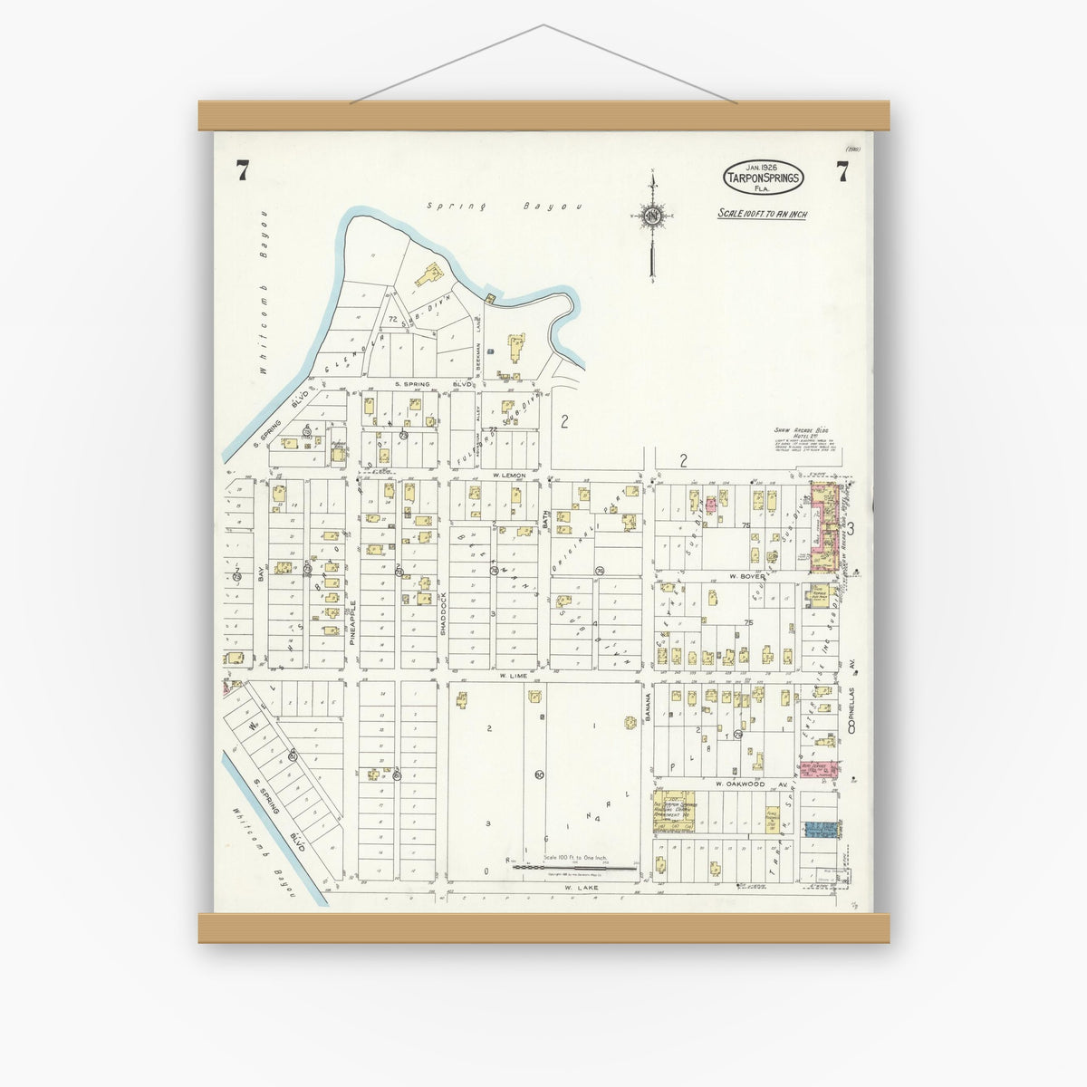 Old map wall art mockup — magnetic wood frame on white wall — Sanborn Fire Insurance Map from Tarpon Springs, Pinellas County, Florida (1926), Sheet #0007