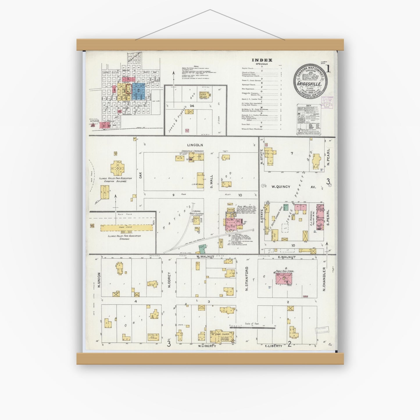 Old map wall art mockup — magnetic wood frame on white wall — Sanborn Fire Insurance Map from Griggsville, Pike County, Illinois (1905) - Complete Map Set