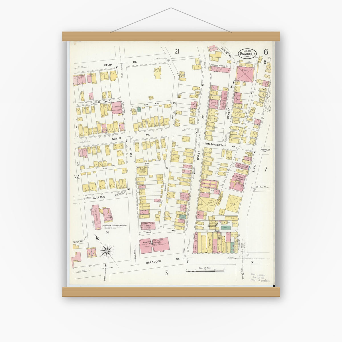Old map wall art mockup — magnetic wood frame on white wall — Sanborn Fire Insurance Map from Braddock, Allegheny County, Pennsylvania (1908), Sheet #0006