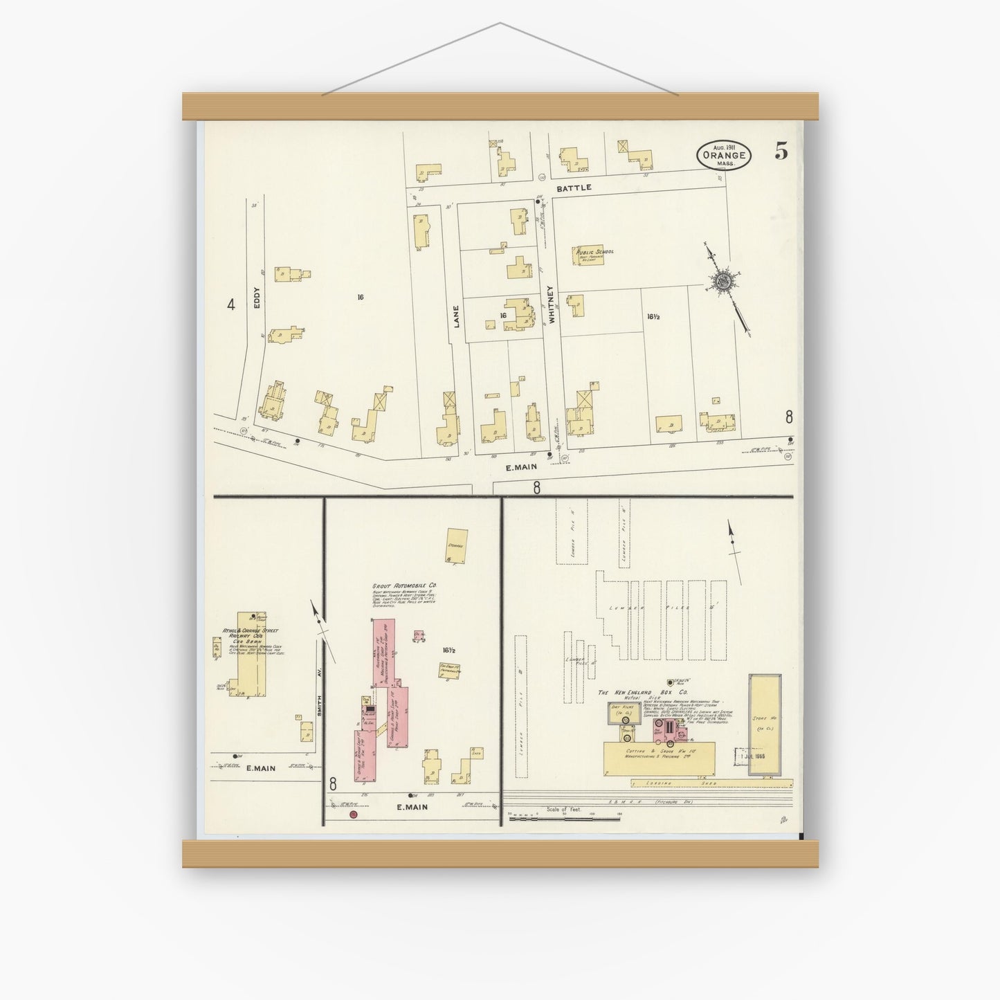 Old map wall art mockup — magnetic wood frame on white wall — Sanborn Fire Insurance Map from Orange, Franklin County, Massachusetts (1911), Sheet #0005
