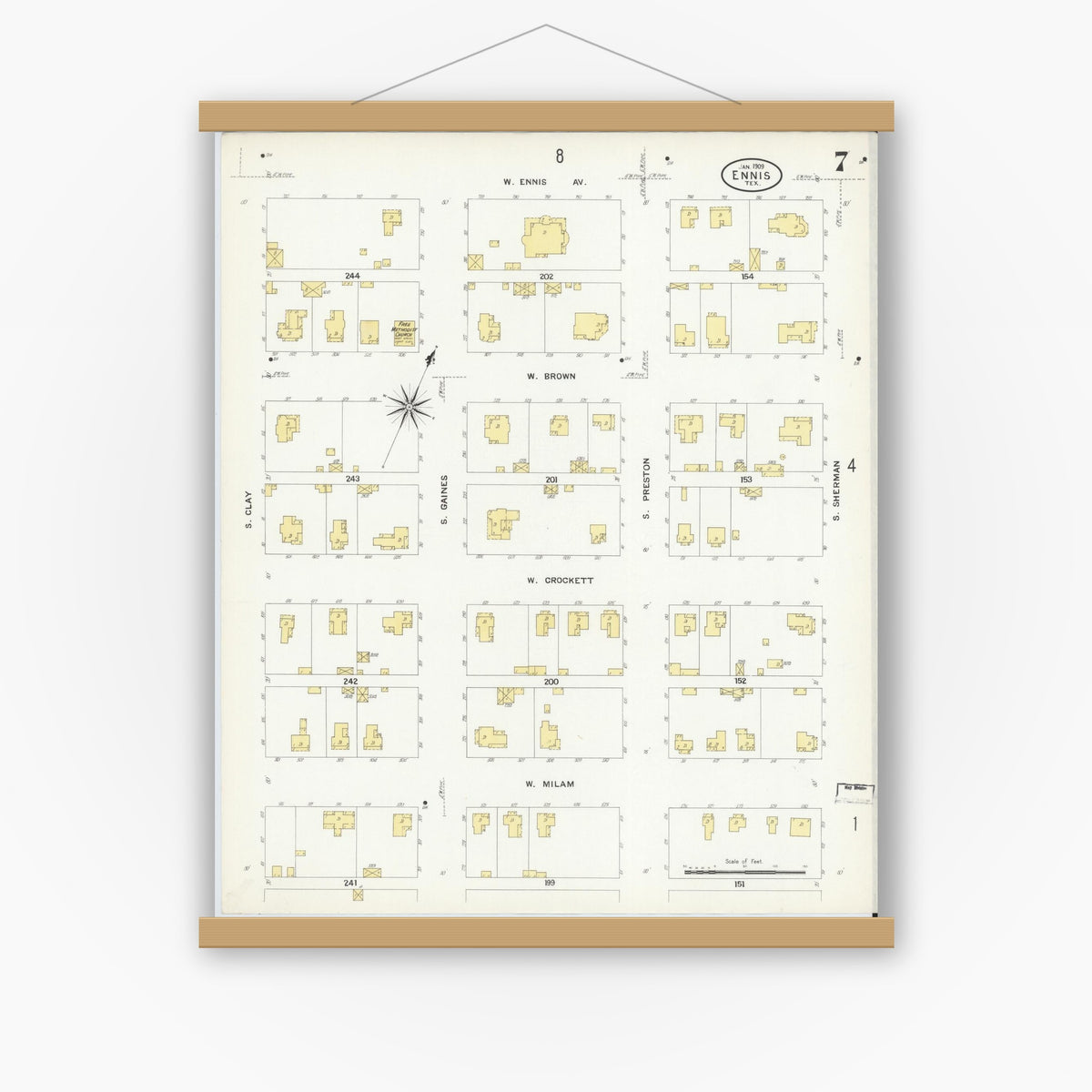 Old map wall art mockup — magnetic wood frame on white wall — Sanborn Fire Insurance Map from Ennis, Ellis County, Texas (1909), Sheet #0007
