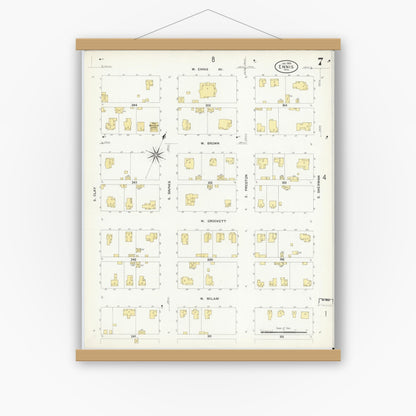 Old map wall art mockup — magnetic wood frame on white wall — Sanborn Fire Insurance Map from Ennis, Ellis County, Texas (1909), Sheet #0007
