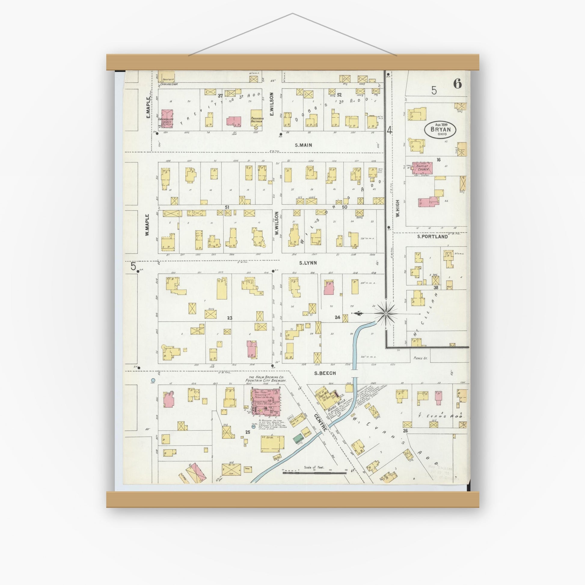 Old map wall art mockup — magnetic wood frame on white wall — Sanborn Fire Insurance Map from Bryan, Williams County, Ohio (1899), Sheet #0006