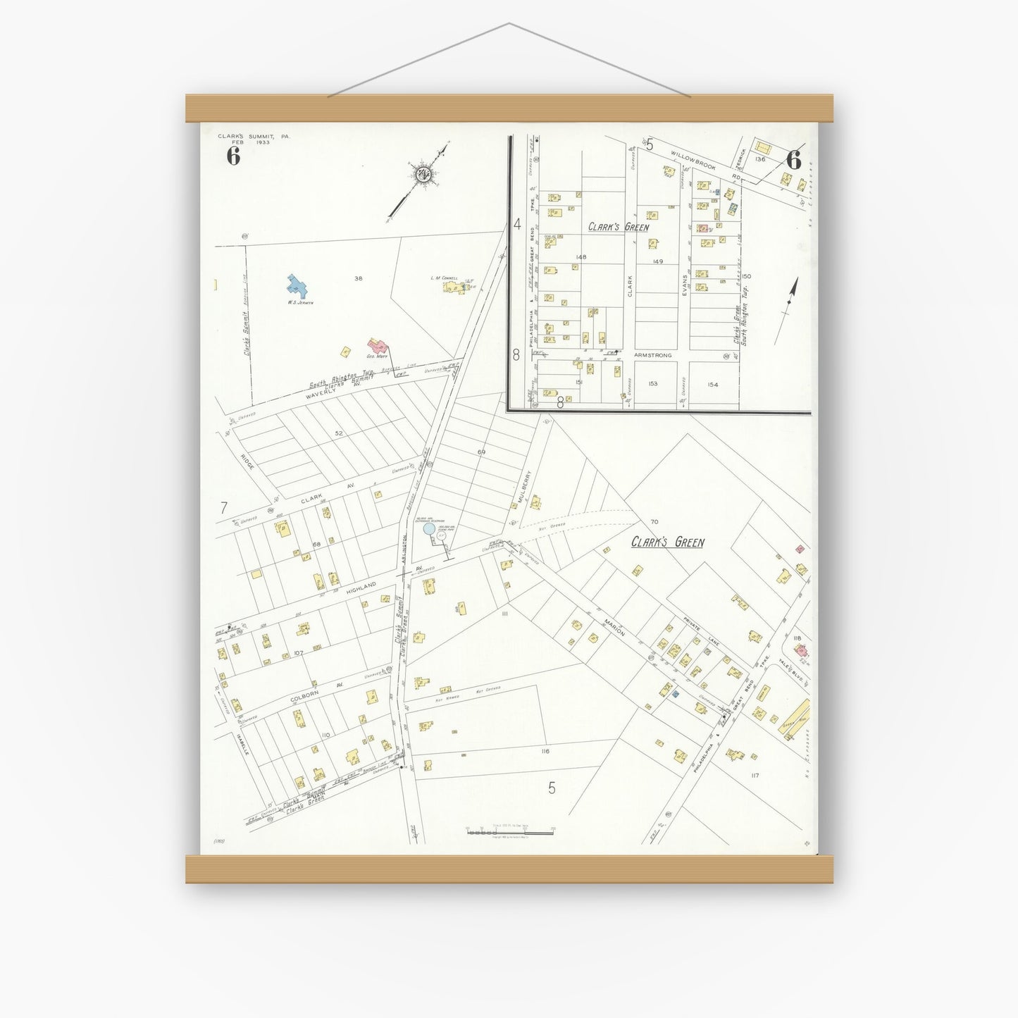 Old map wall art mockup — magnetic wood frame on white wall — Sanborn Fire Insurance Map from Clark's Summit, Lackawanna County, Pennsylvania (1933), Sheet #0006