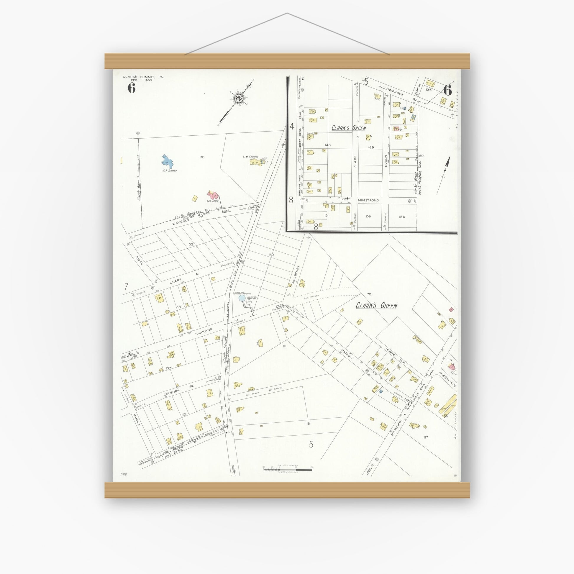 Old map wall art mockup — magnetic wood frame on white wall — Sanborn Fire Insurance Map from Clark's Summit, Lackawanna County, Pennsylvania (1933), Sheet #0006