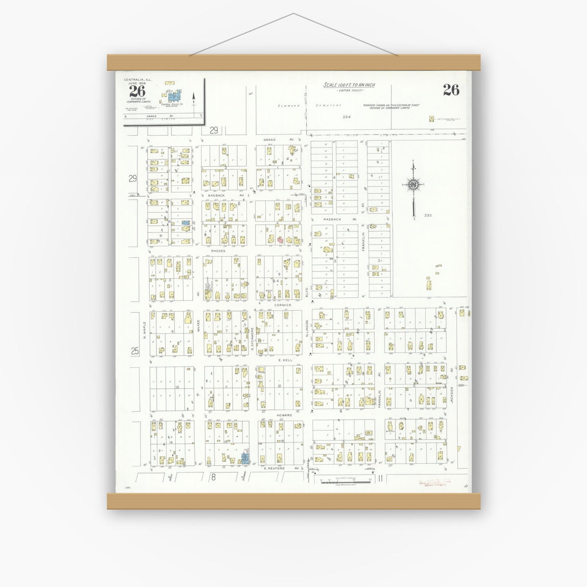 Old map wall art mockup — magnetic wood frame on white wall — Sanborn Fire Insurance Map from Centralia, Marion, Clinton, Jefferson, and Washington Counties, Illinois (1938), Sheet #0026