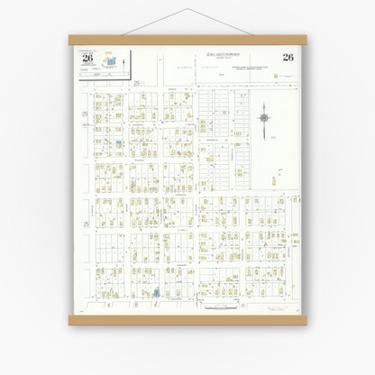 Old map wall art mockup — magnetic wood frame on white wall — Sanborn Fire Insurance Map from Centralia, Marion, Clinton, Jefferson, and Washington Counties, Illinois (1938), Sheet #0026