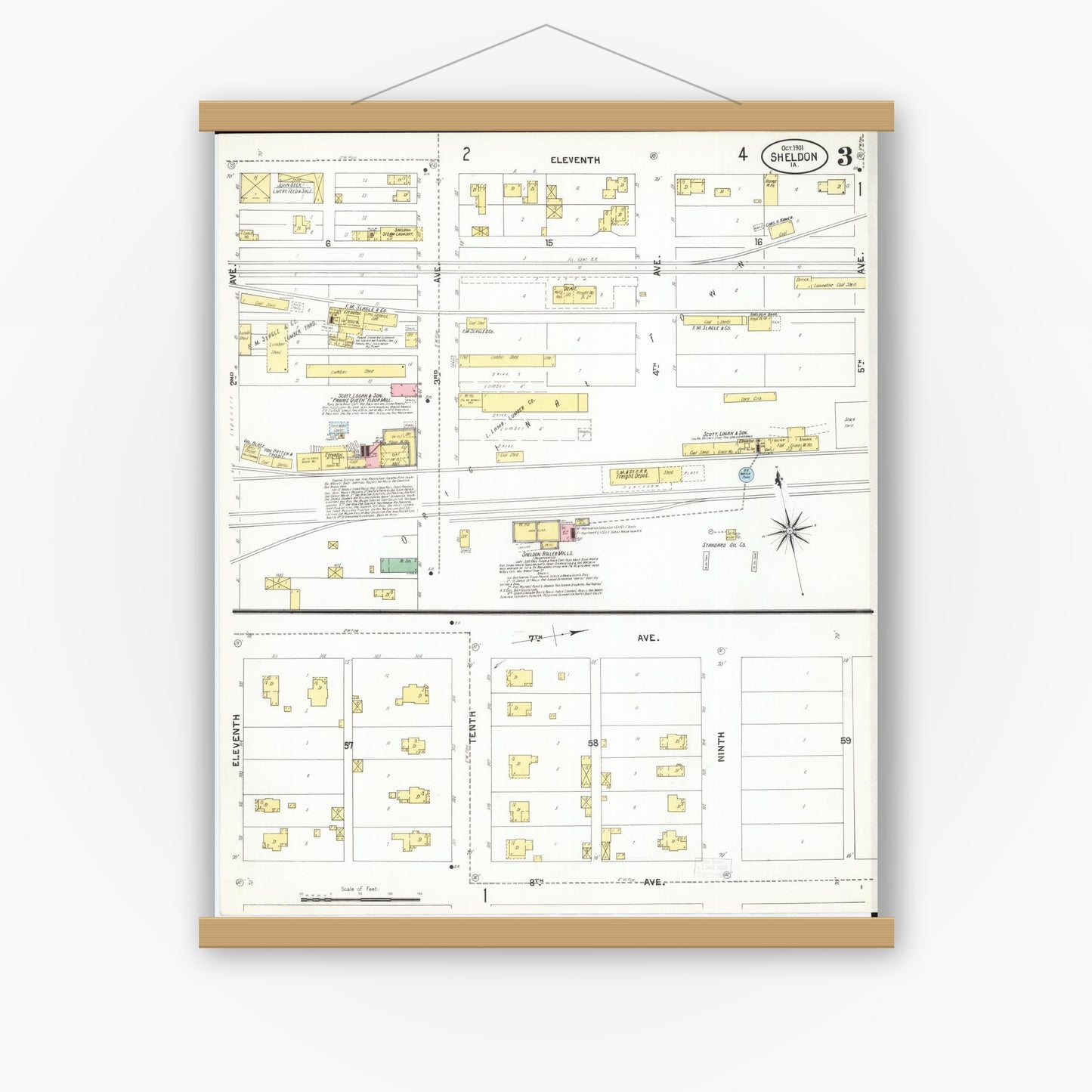 Old map wall art mockup — magnetic wood frame on white wall — Sanborn Fire Insurance Map from Sheldon, O'Brien County, Iowa (1901), Sheet #0003