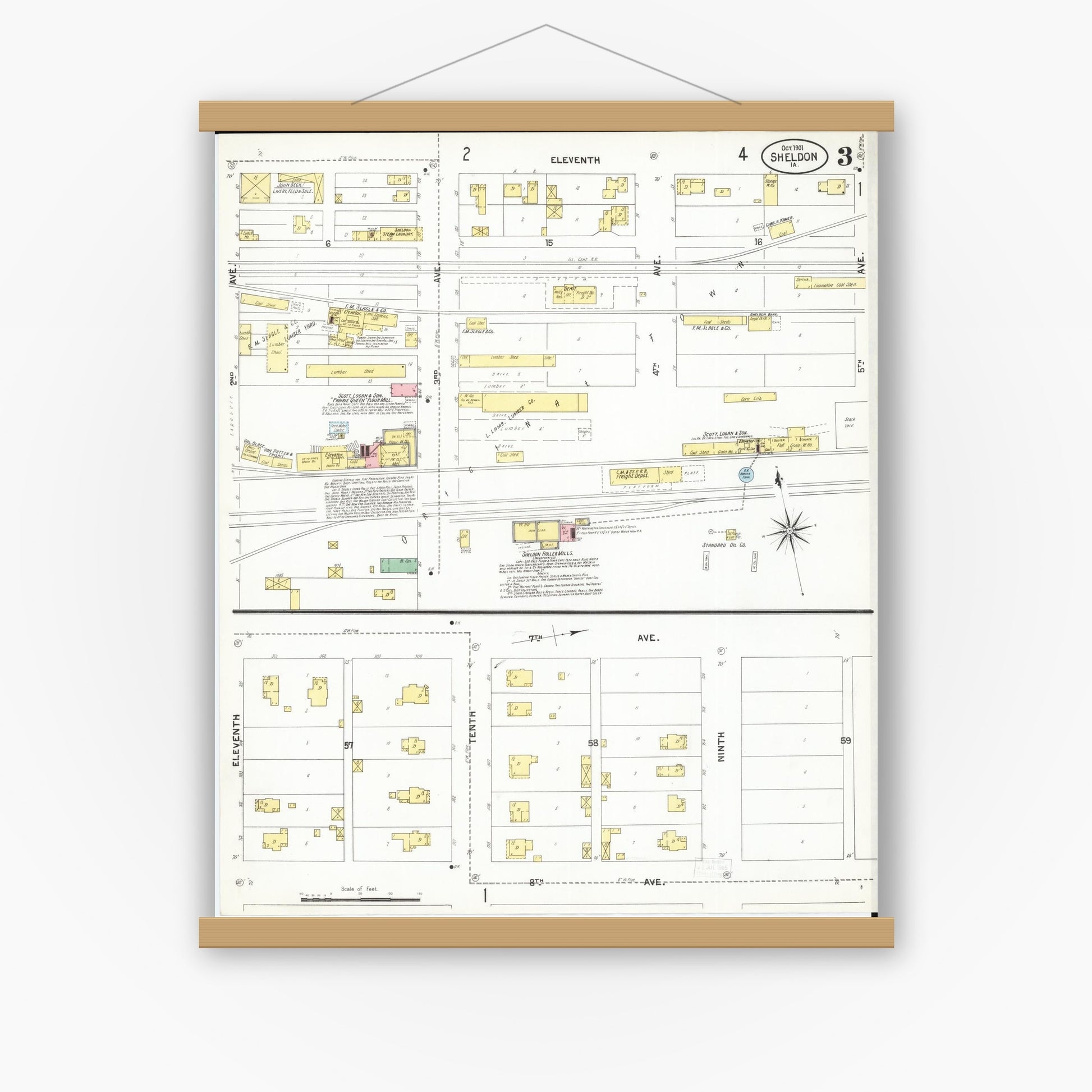 Old map wall art mockup — magnetic wood frame on white wall — Sanborn Fire Insurance Map from Sheldon, O'Brien County, Iowa (1901), Sheet #0003
