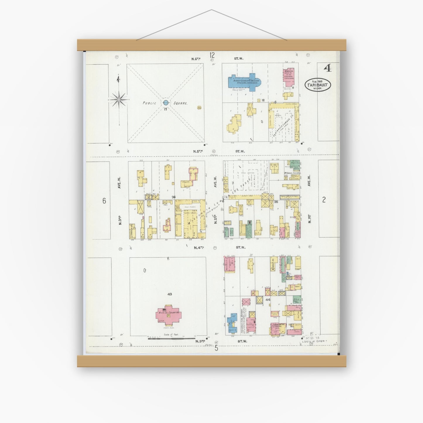 Old map wall art mockup — magnetic wood frame on white wall — Sanborn Fire Insurance Map from Faribault, Rice County, Minnesota (1905), Sheet #0004
