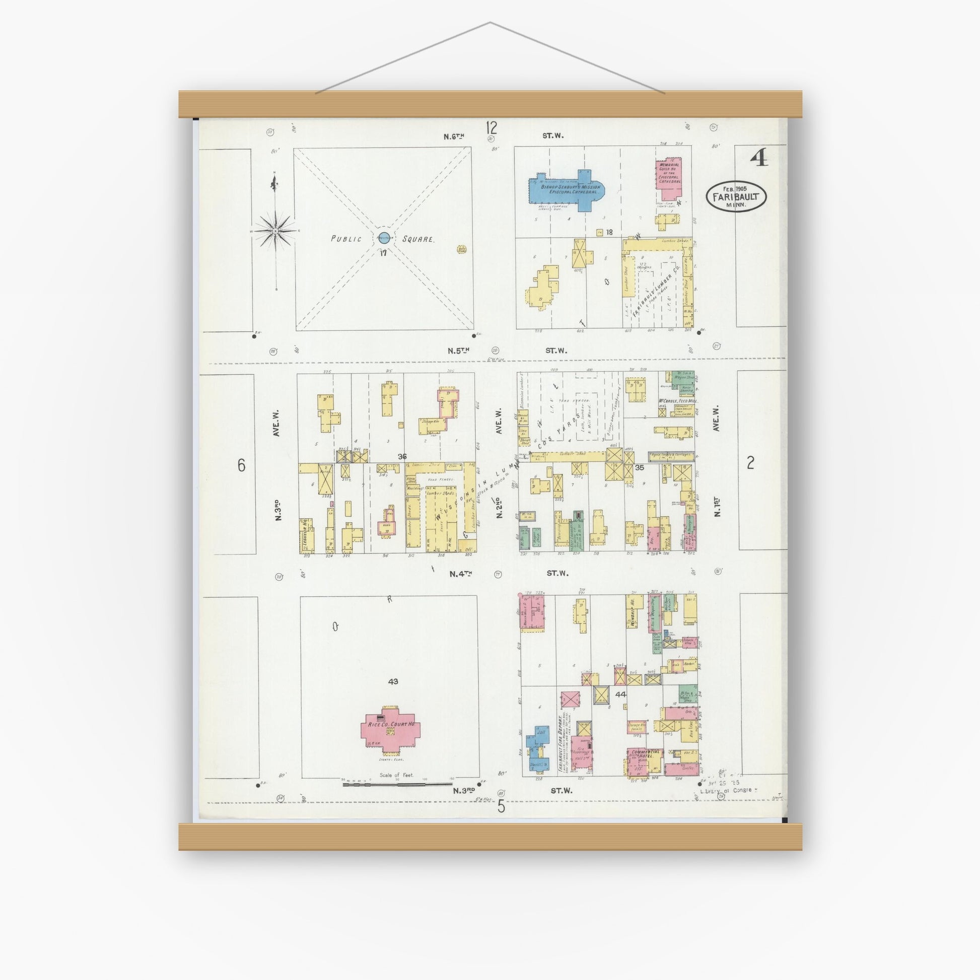 Old map wall art mockup — magnetic wood frame on white wall — Sanborn Fire Insurance Map from Faribault, Rice County, Minnesota (1905), Sheet #0004
