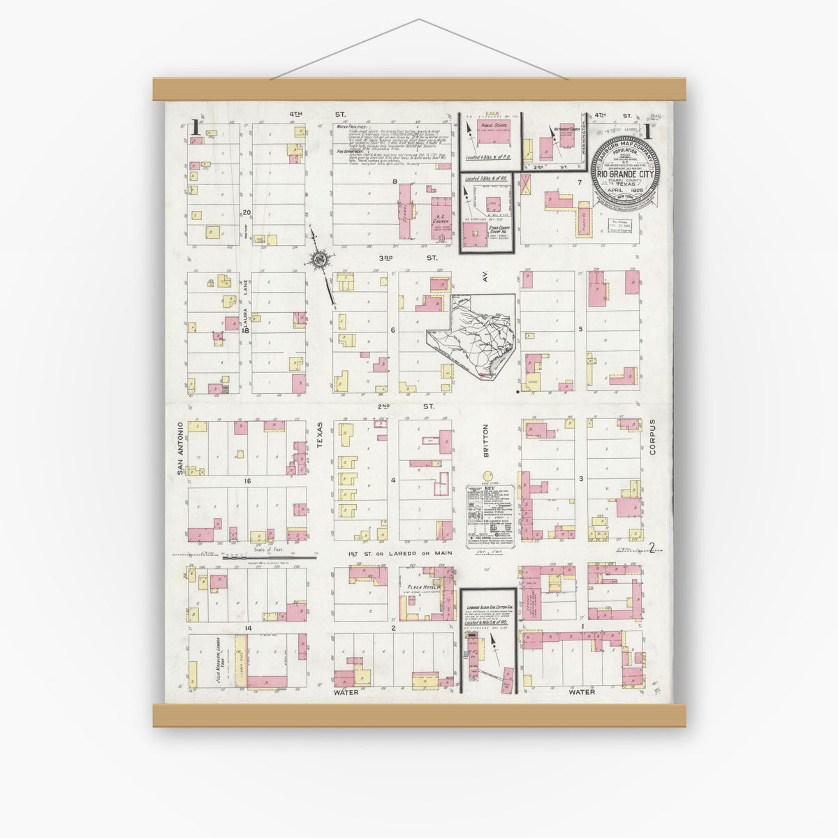 Old map wall art mockup — magnetic wood frame on white wall — Sanborn Fire Insurance Map from Rio Grande City, Starr County, Texas (1925) - Complete Map Set