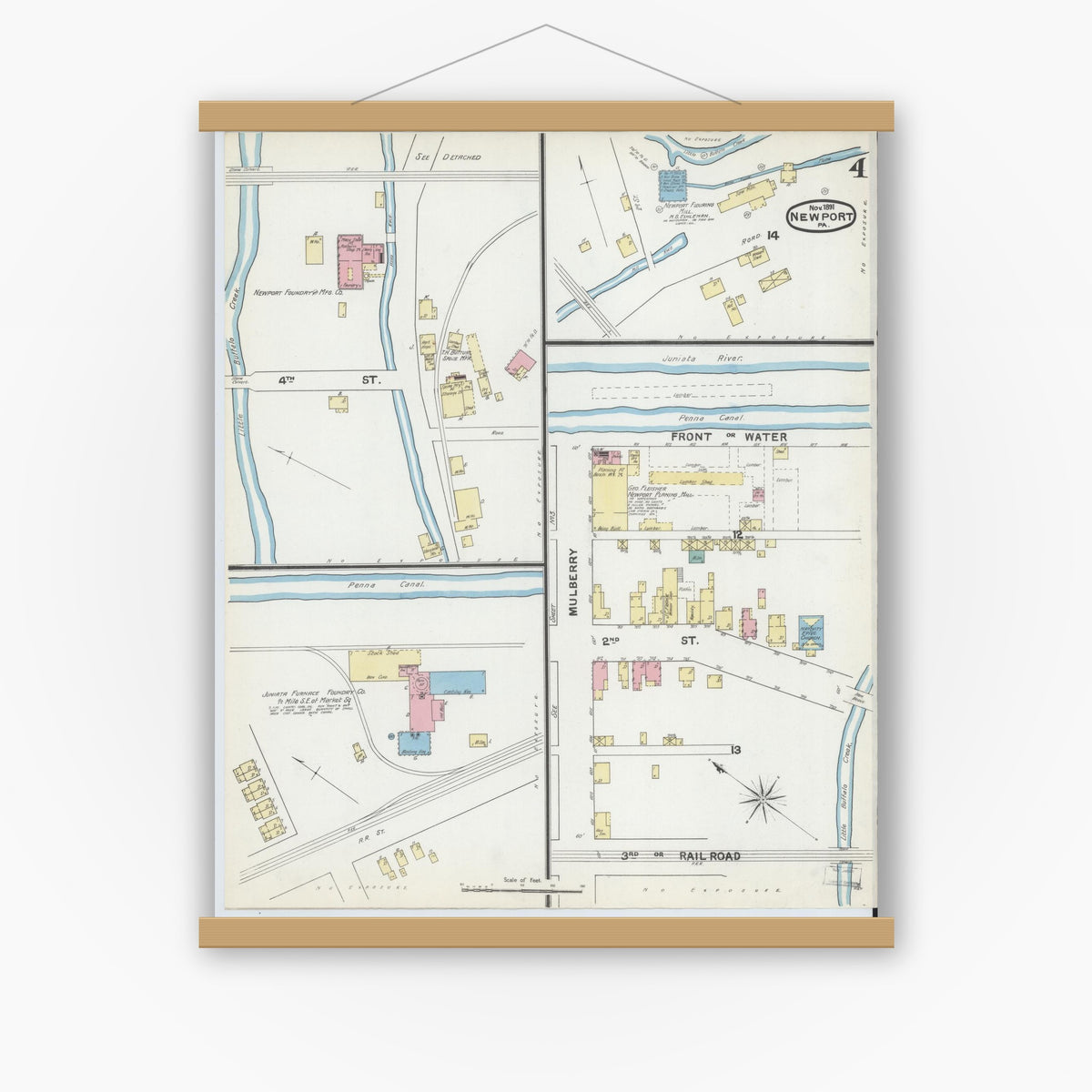 Old map wall art mockup — magnetic wood frame on white wall — Sanborn Fire Insurance Map from Newport, Perry County, Pennsylvania (1891), Sheet #0004