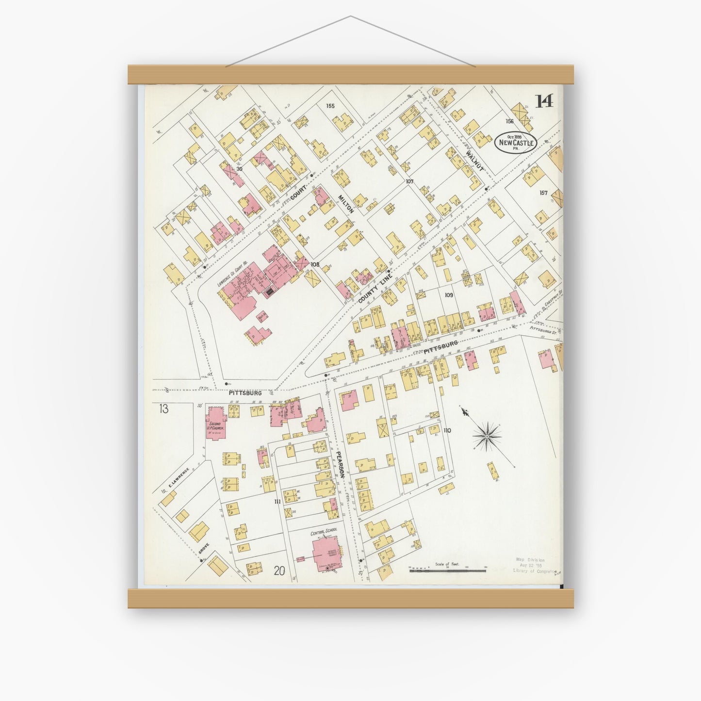Old map wall art mockup — magnetic wood frame on white wall — Sanborn Fire Insurance Map from New Castle, Lawrence County, Pennsylvania (1899), Sheet #0014
