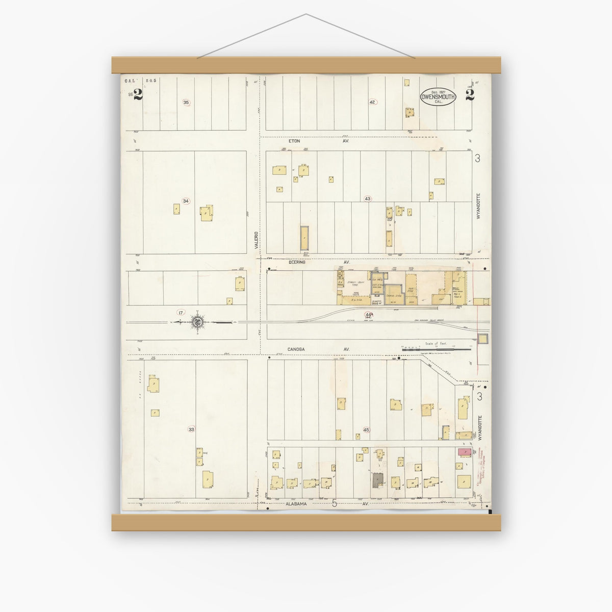 Old map wall art mockup — magnetic wood frame on white wall — Sanborn Fire Insurance Map from Canoga Park, Los Angeles County, California (1932), Sheet #0002