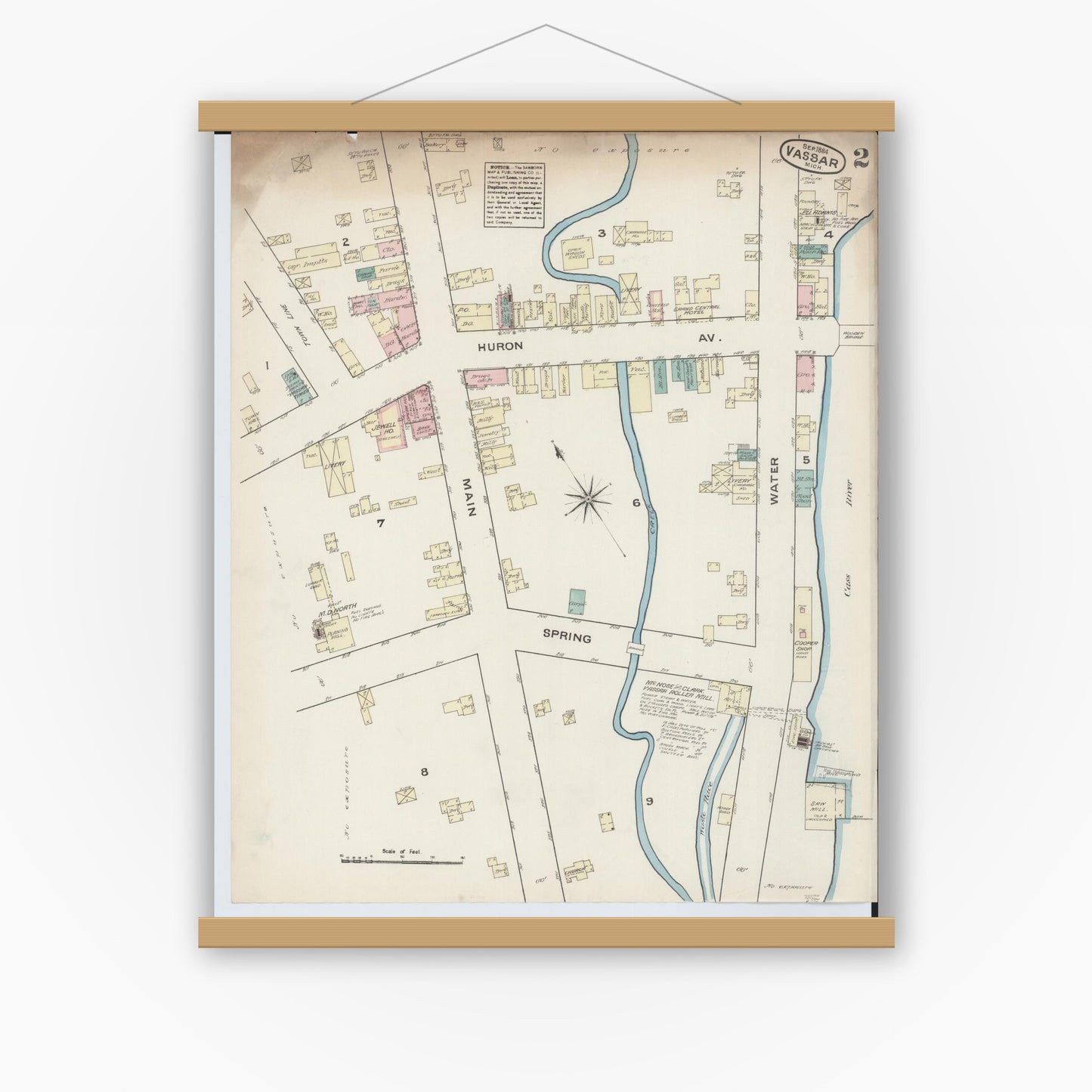Old map wall art mockup — magnetic wood frame on white wall — Sanborn Fire Insurance Map from Vassar, Tuscola County, Michigan (1884), Sheet #0002