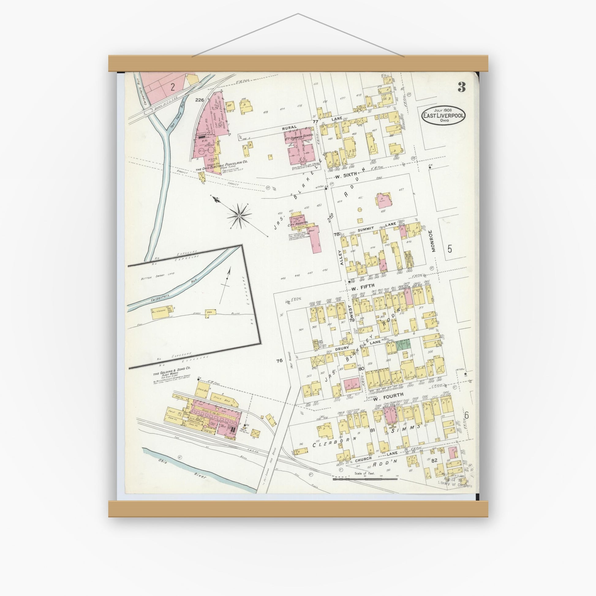 Old map wall art mockup — magnetic wood frame on white wall — Sanborn Fire Insurance Map from East Liverpool, Columbiana County, Ohio (1908), Sheet #0003