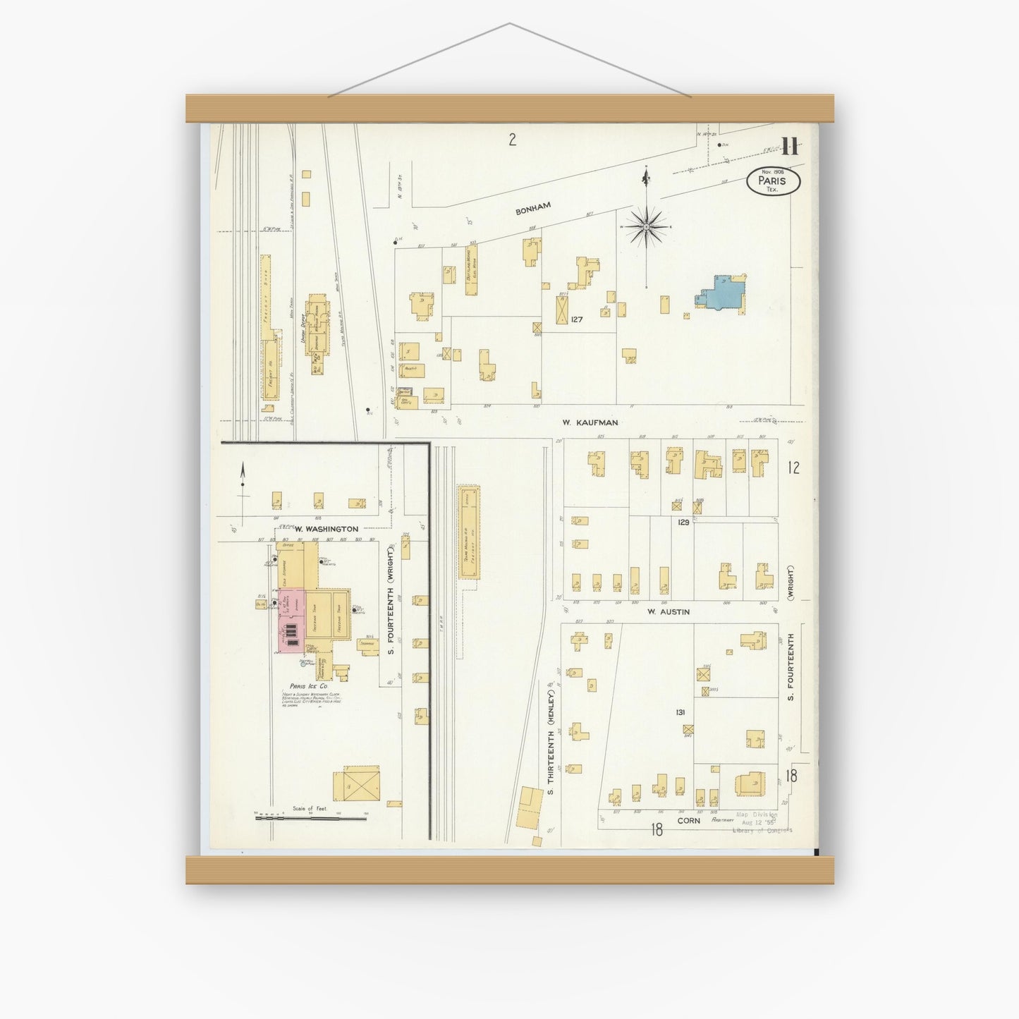 Old map wall art mockup — magnetic wood frame on white wall — Sanborn Fire Insurance Map from Paris, Lamar County, Texas (1908), Sheet #0011