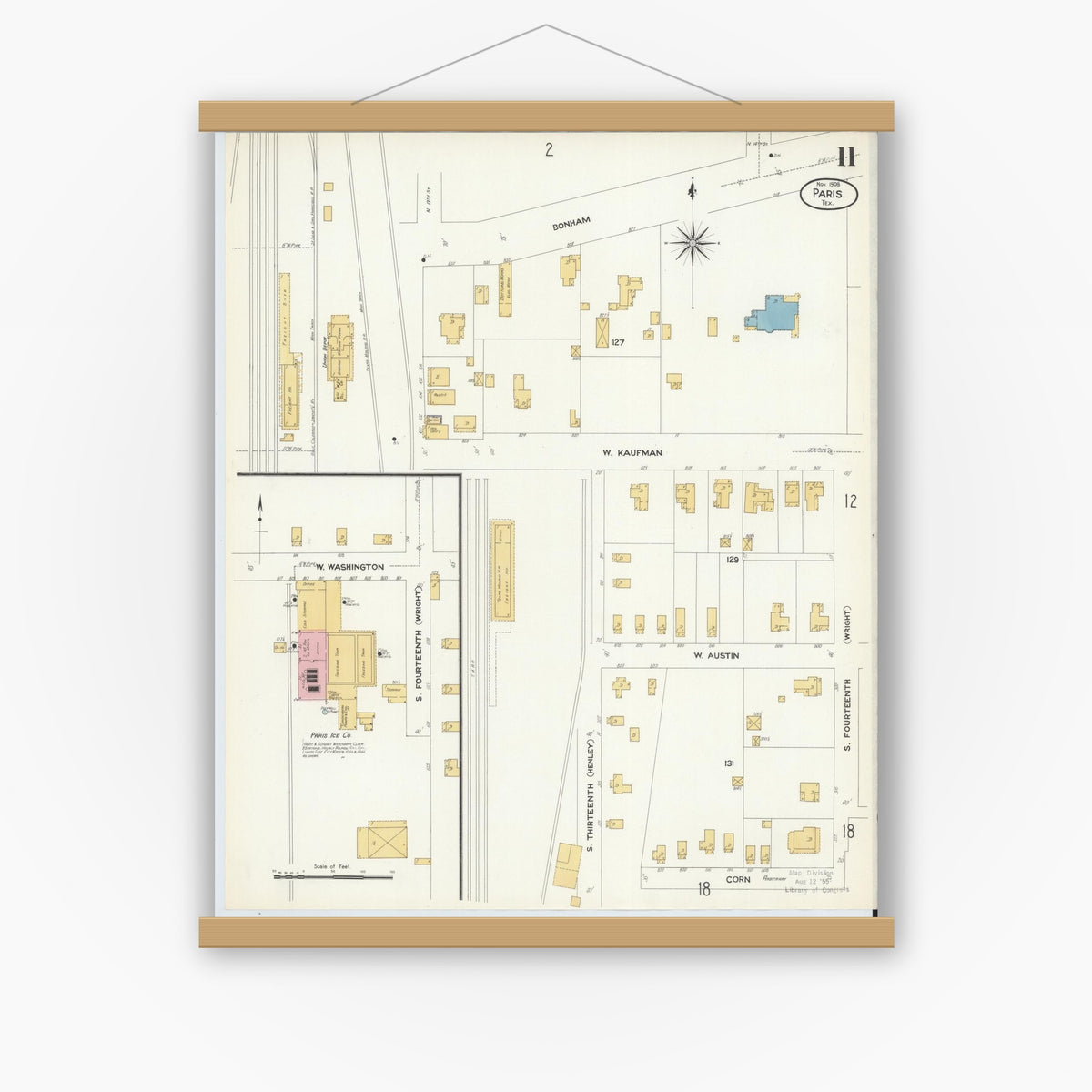 Old map wall art mockup — magnetic wood frame on white wall — Sanborn Fire Insurance Map from Paris, Lamar County, Texas (1908), Sheet #0011