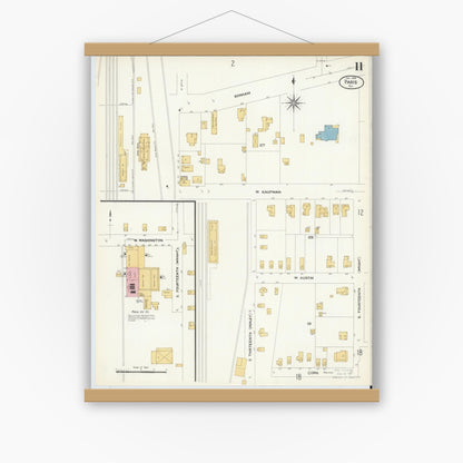 Old map wall art mockup — magnetic wood frame on white wall — Sanborn Fire Insurance Map from Paris, Lamar County, Texas (1908), Sheet #0011