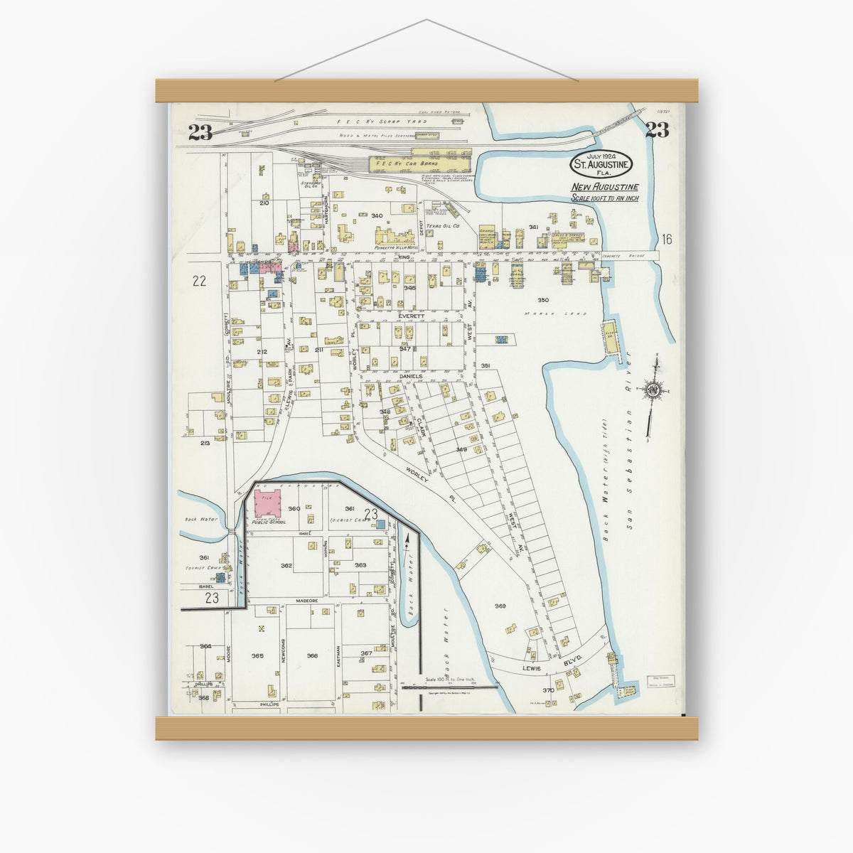 Old map wall art mockup — magnetic wood frame on white wall — Sanborn Fire Insurance Map from Saint Augustine, Saint John's County, Florida (1924), Sheet #0023