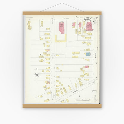 Old map wall art mockup — magnetic wood frame on white wall — Sanborn Fire Insurance Map from Malone, Franklin County, New York (1908), Sheet #0007