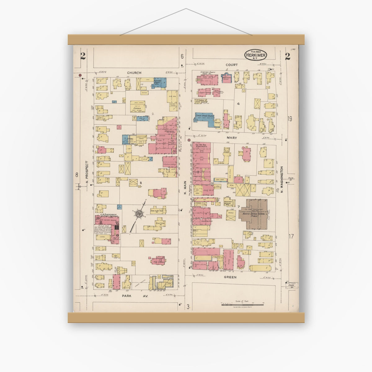 Old map wall art mockup — magnetic wood frame on white wall — Sanborn Fire Insurance Map from Herkimer, Herkimer County, New York (1923) - Complete Map Set
