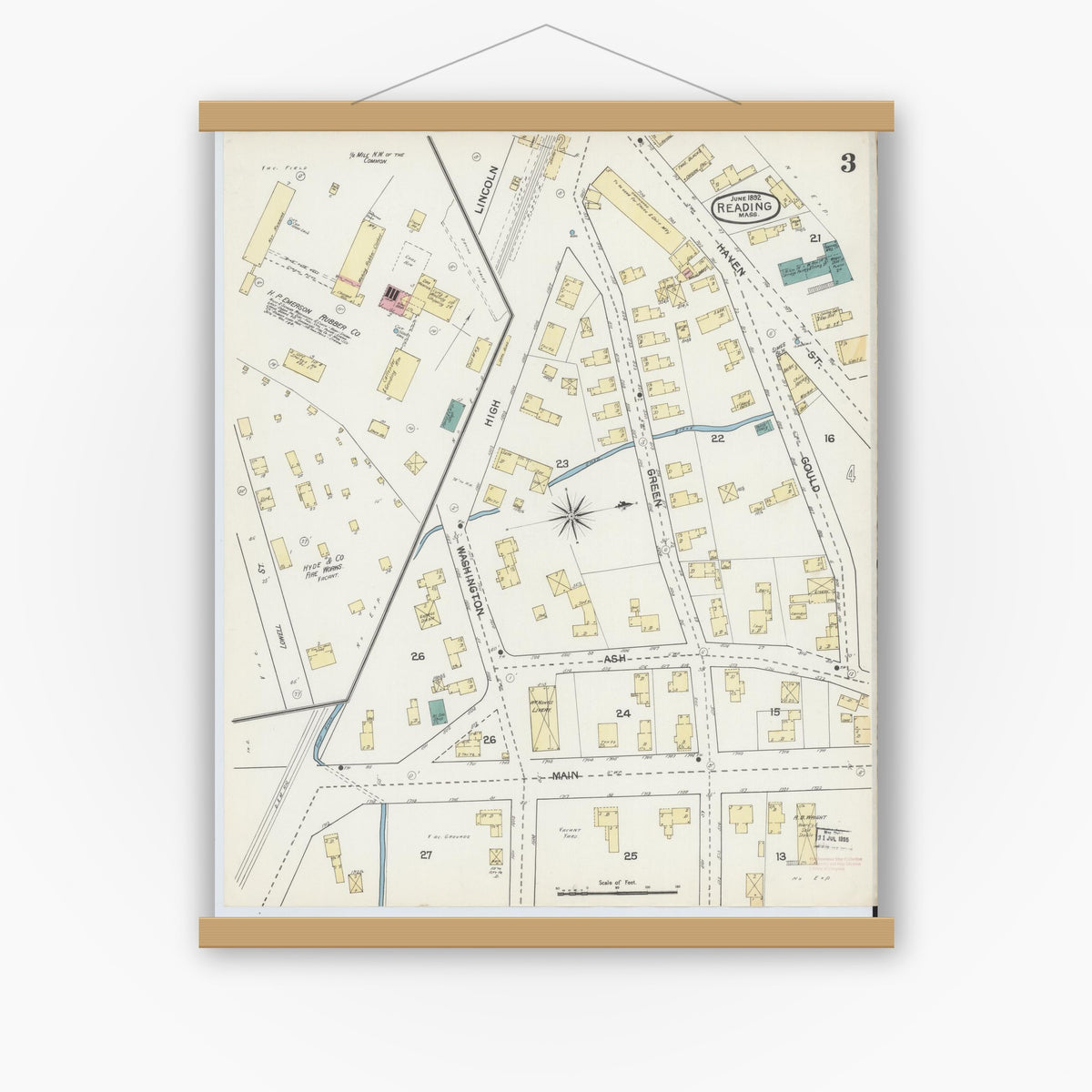 Old map wall art mockup — magnetic wood frame on white wall — Sanborn Fire Insurance Map from Reading, Middlesex County, Massachusetts (1892), Sheet #0003