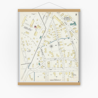 Old map wall art mockup — magnetic wood frame on white wall — Sanborn Fire Insurance Map from Reading, Middlesex County, Massachusetts (1892), Sheet #0003