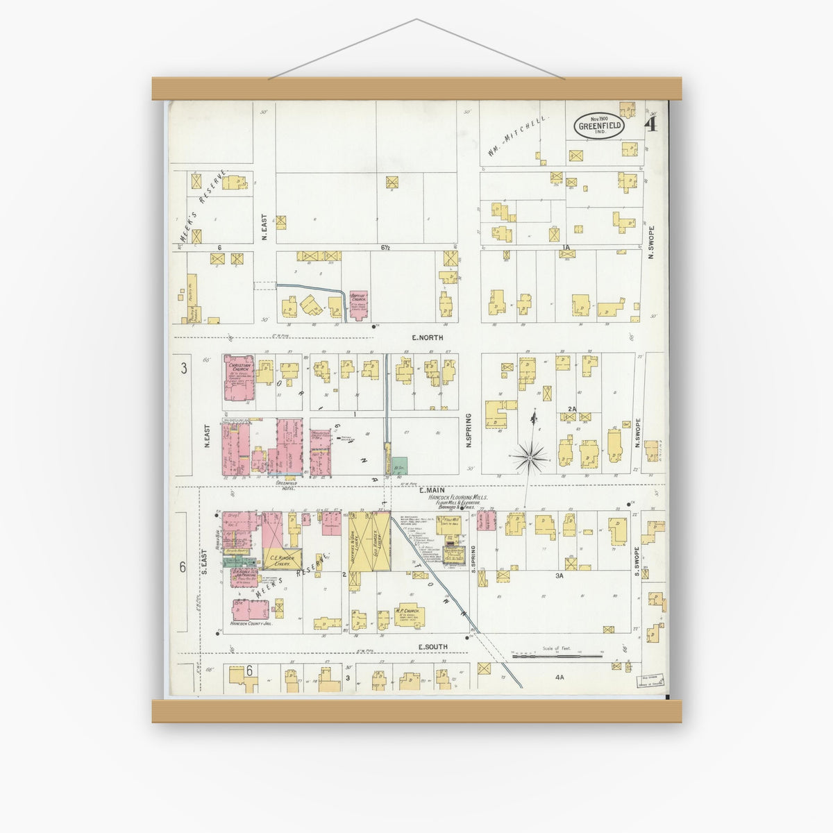 Old map wall art mockup — magnetic wood frame on white wall — Sanborn Fire Insurance Map from Greenfield, Hancock County, Indiana (1900), Sheet #0004
