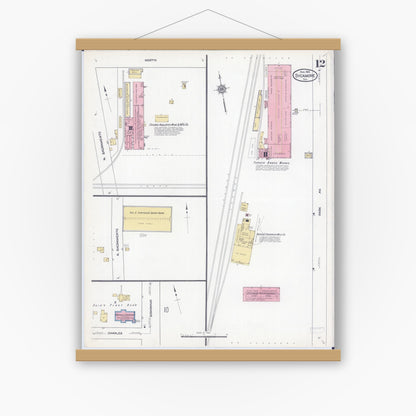 Old map wall art mockup — magnetic wood frame on white wall — Sanborn Fire Insurance Map from Sycamore, De Kalb County, Illinois (1912), Sheet #0012